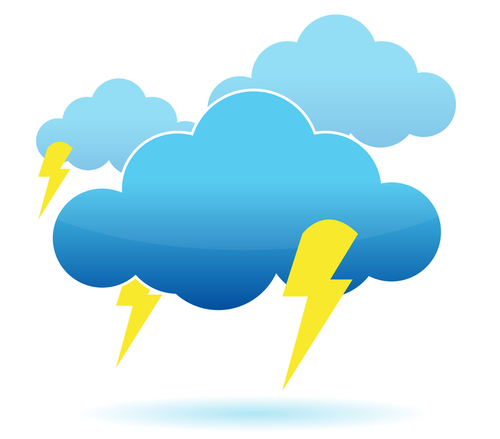 Thunder cloud and lightning illustration over white background - stock photo